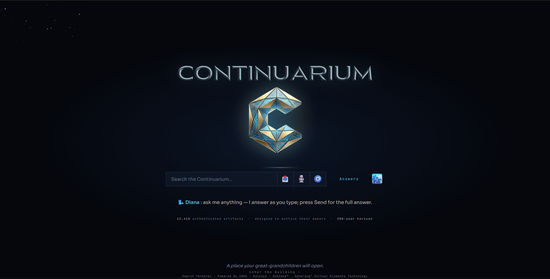 Dark Continuarium home interface with a faceted C emblem, central search field, and Diana assistant prompt