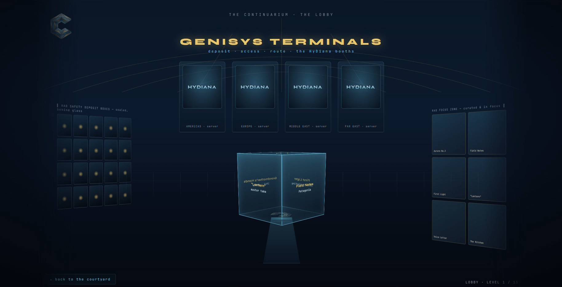 Continuarium private lobby with four GENISYS terminals, sealed artifact boxes, curated displays, and a central glass cube