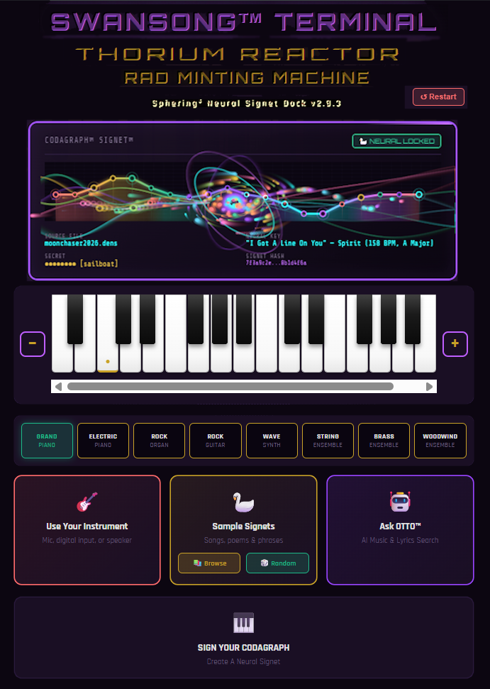 HyDiana Swansong terminal showing a CODAgraph neural signet and musical input controls